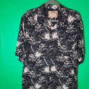Bruno New York Men XL Button Down Tropical Summer Black Hawaiian Hibiscus